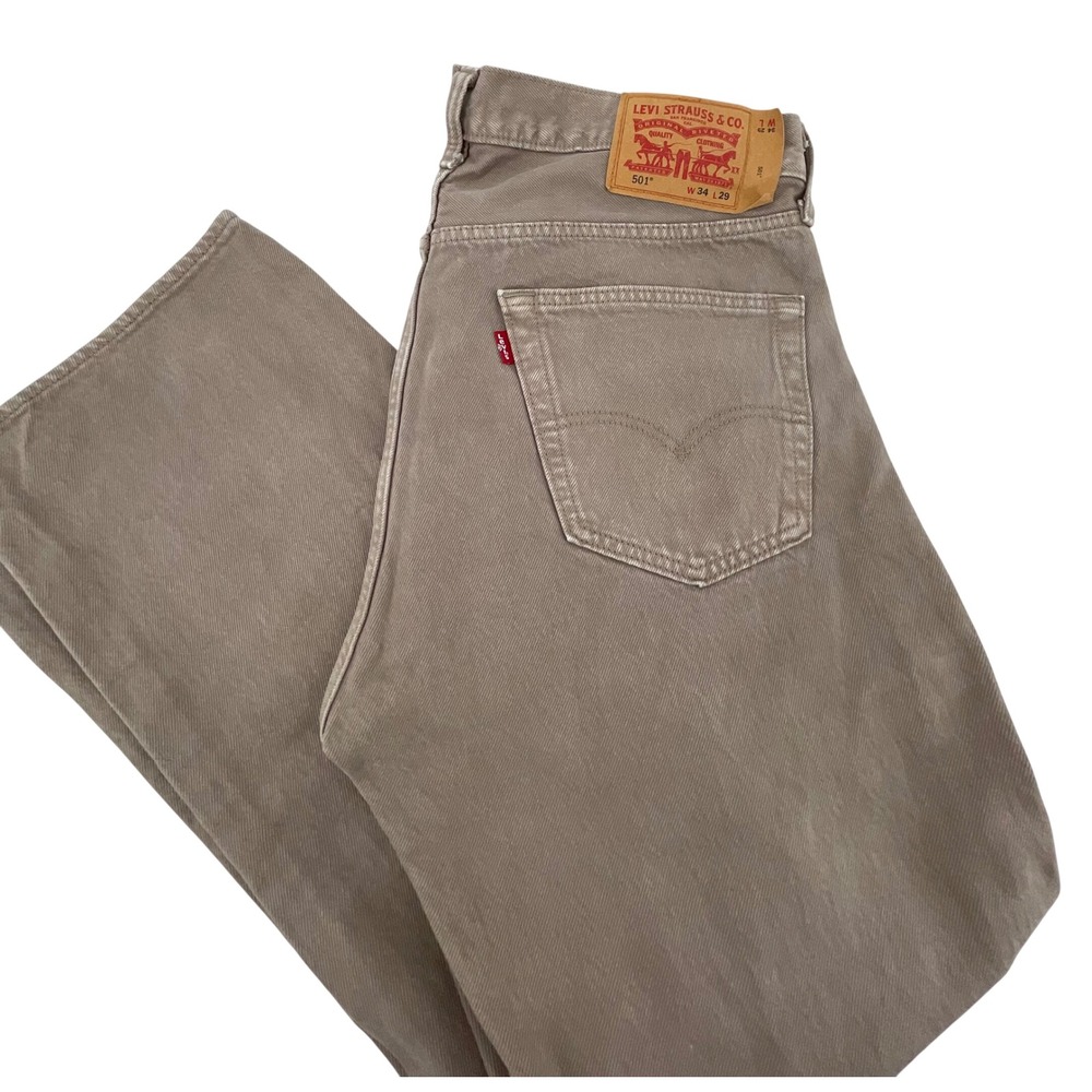 Levis 501 Original Fit Jeans Mens 34x29 Tan Khaki Straight Leg Button Fly Denim